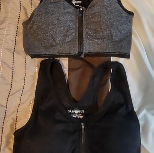 Two Small new gray sports bra removable pads zip front. heather gray and black